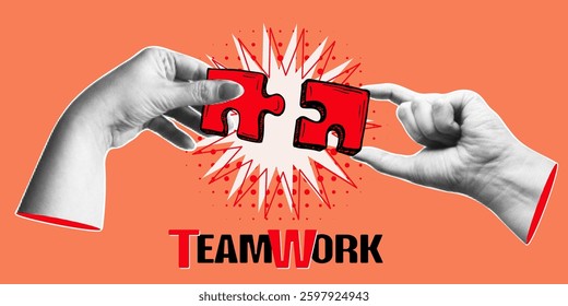 Trendy halftone collage banner with hands holding the pieces of jigsaw puzzle. Teamwork and business partnership concept. Contemporary vector illustration	