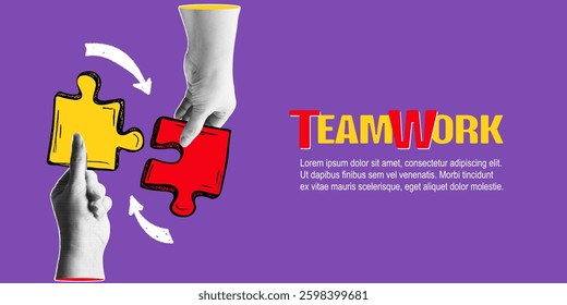 Trendy halftone collage banner with hands holding the pieces of jigsaw puzzle. Teamwork and business partnership concept. Contemporary vector illustration
