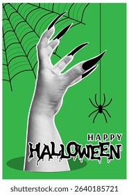 Trendy halftone collage banner with monster hand and spider. Happy Halloween. Contemporary vector illustration