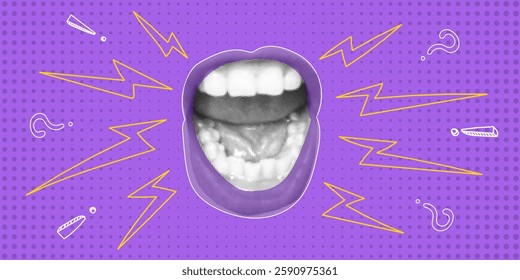 Trendy halftone collage banner with mouth open in a scream. Lightnings fly out of it like an abstract sound. Contemporary advertising banner for sale, promotion and marketing