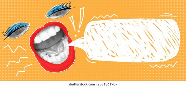 Trendy halftone collage banner with screaming mouth, eyes and speech bubble. Social media announcing. Modern vector design for promotion and marketing.