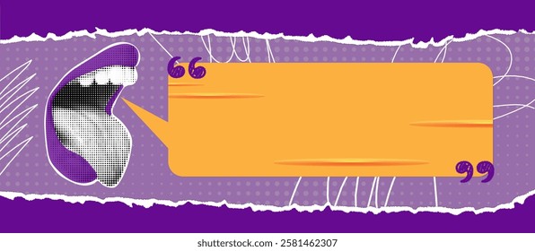 Trendy halftone collage banner with screaming mouth and speech bubble. Social media announcing template with space for text. Modern vector design for promotion and marketing