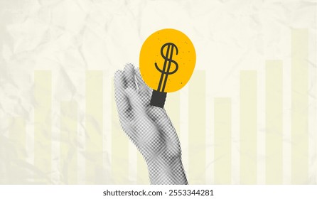 Trendy halftone collage banner template. Cut out hand holding light bulb with dollar sign. Creative idea concept, making money, financial investment, business strategy Modern retro vector illustration