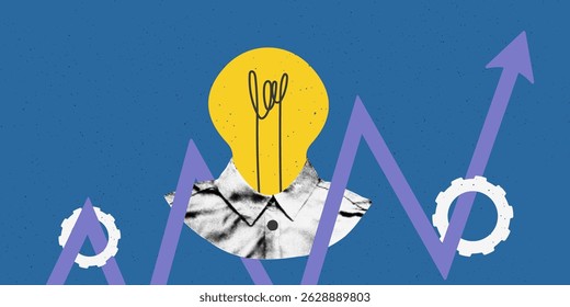 Trendy halftone collage banner template. Character with light bulb instead head, arrow up and gears. Idea, innovation, success concept. Modern retro mixed media design vector illustration