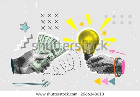 Trendy halftone collage banner template. Cut out hand holding light bulb and Hand holds dollar money, Buy idea, investing in innovation. Crowdfunding Concept Investment into Idea or Business Startup