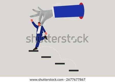 Trendy halftone collage. Big hand help businessman jump on stair to success. Business leaders assistance to the business success. Stair step to success concept. Vector Illustration