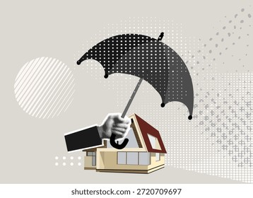 Trendy Colagem de Meio-Tom Mão preta e branca segurando um guarda-chuva acima de uma pequena casa, símbolo de segurança residencial do pagamento de hipotecas ou danos. Estilo de colagem moderno. Ilustração vetorial