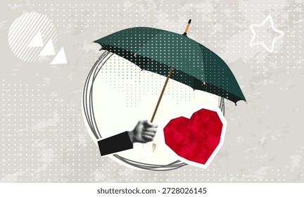 Trendy Halftone Collage with black and white hand holding an umbrella above a red heart. Modern collage style. Vector illustration	