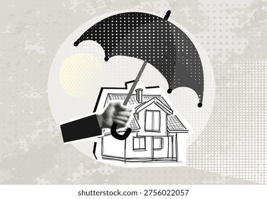 Trendy Halftone Collage Black and white hand holding an umbrella above a little house, symbol of residential security from mortgage payment or damage. Modern collage style. Vector illustration