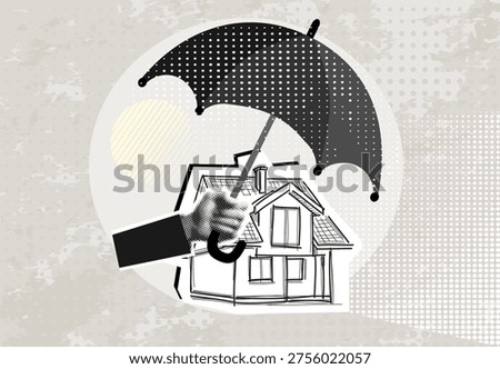 Trendy Halftone Collage Black and white hand holding an umbrella above a little house, symbol of residential security from mortgage payment or damage. Modern collage style. Vector illustration
