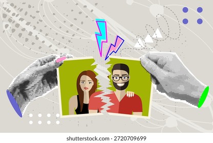 Collage de semitono de moda se rompe. Divorcio de relación de crisis. El hombre y la mujer rasgan una foto de grupo como símbolo de conflicto, amor infeliz. Pareja de despedida.