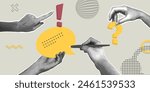 Trendy halftone collage of business concept. Illustration of analytics,discussion,planning,questioning,research,business report.Teamwork.Vector illustration of web banner,social media banner.