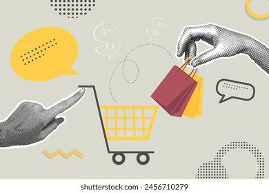 Trendy halftone collage of business concept in retro style. Shopping cart and hands with shopping.Vector illustration of sales, increase sales,financial profit, global strategy. Creative concept for