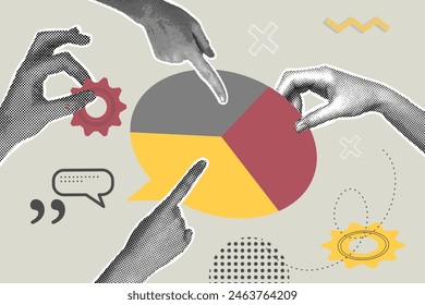 Trendy halftone collage of business concept. Illustration of analytics,discussion,planning,research,business report.Teamwork.Vector illustration of web banner,social media banner.