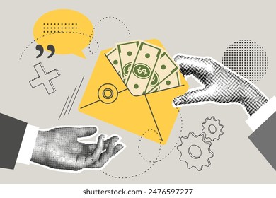 Trendy halftone collage of business concept. Payment concept, receiving money. Trendy modern retro illustration. Vector illustration of business, contract approval, finance, marketing materials.