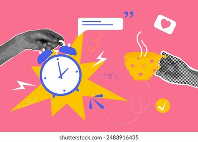 Trendige Halbtoncollage. Geschäftskonzept, Mittagessen, Ruhe, Pause. Trendige moderne Retro-Illustration in hellen trendigen Farben. Business-Konzept, Banner-Konzept mit Wecker und Kaffeetasse.