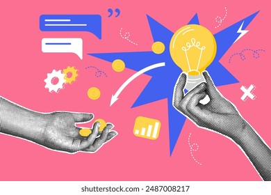 Trendy halftone collage of business concept. Idea concept, financial profit. Trendy modern retro illustration in bright trendy colors. Business concept, financial planning.