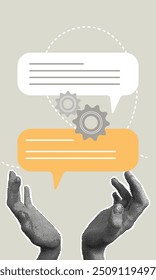 Trendy halftone collage of business concept. Vector illustration of communication, discussion, problem solving, teamwork. Creative concepts for web banner, social media, business presentation