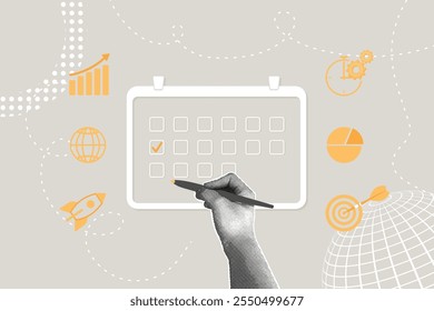 Trendy halftone collage. Business concept, calendar of activities, improve efficiency, appointment schedule, personal organizer. Using a personal organizer to schedule meetings and events digitally