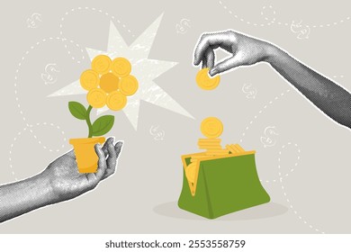 Trendy halftone collage of business concept. Concept of growing savings, growing profits, saving, increasing income, investing. Trendy modern retro illustration on financial theme