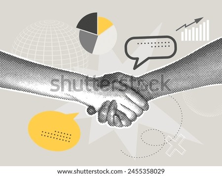 Trendy halftone collage of business concept. Vector illustration partnership, agreement, business growth, global strategy. Creative concept for web banner, social media banner, business presentation