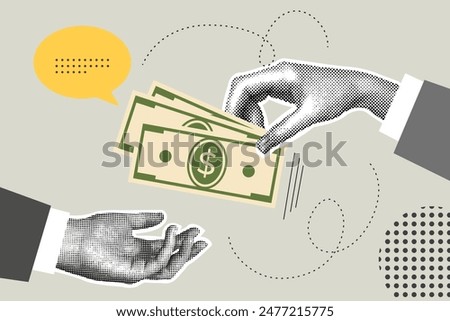 Trendy halftone collage of business concept. Money making concept. Trendy modern retro illustration. Vector illustration of business, contract approval, finance, marketing materials.