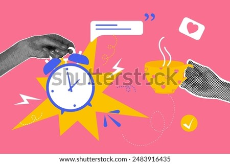 Trendy halftone collage. Business concept, lunch, rest, break. Trendy modern retro illustration in bright trendy colors. Business concept, banner concept with alarm clock and coffee mug.