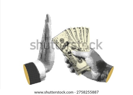 Trendy halftone collage of business concept. Stop Corruption, refusing to take bribery money concept, honest businessman hand refuse to take illegal money banknotes. Trendy modern retro illustration.