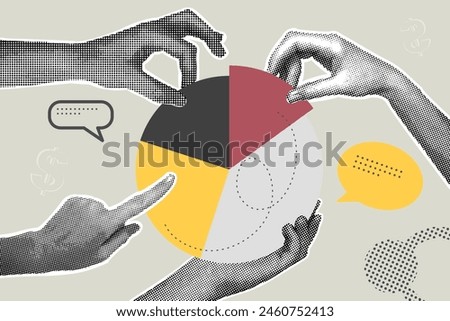 Trendy halftone collage business concept.Teamwork.Illustration of analytics,market research,kbusiness report,planning,.Vector illustration of web banner,social media banner.