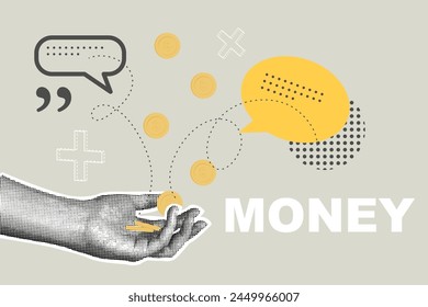 Trendy halftone collage of business concept.Vector illustration of money, finance, banking, profit, investment. Vector illustration of business, web banner, social media banner, marketing material.