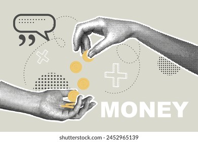 Trendy halftone collage of business concept.Vector illustration of finance, money, banking, profit, investment. Vector illustration of business, web banner, social media banner, marketing material.