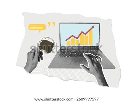Trendy halftone collage. Business data analysis and growth strategy. Analysis concept, rest break, workplace coffee. Vector illustration