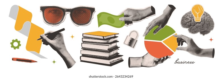Trendy halftone collage business elements set. Hands holding money, signing the contract, assembling a pie chart. Analog technology, start up, idea, team work concept. Modern retro vector illustration