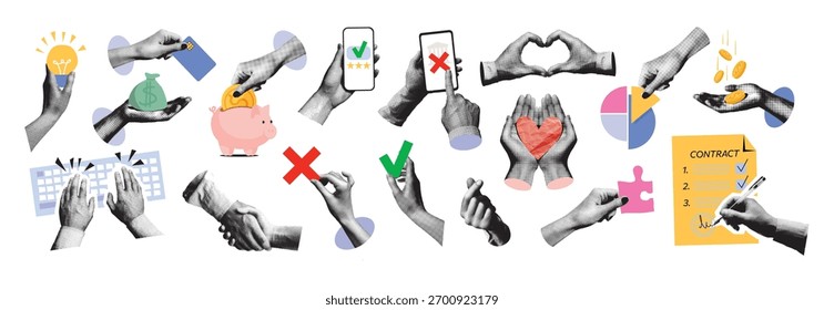 Uma colagem de meio-tom moderno de elementos de negócios. Mãos digitando no teclado, assinando um contrato, apertando as mãos. Tecnologia, start-ups, ideias e conceitos de trabalho em equipe. Ilustração vetorial retrô moderna.