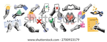 A trendy halftone collage of business elements. Hands typing on a keyboard, signing a contract, shaking hands. Technology, startups, ideas, and teamwork concepts. Modern retro vector illustration.