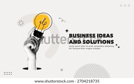 Trendy Halftone Collage Business ideas and solutions. Hand holds lightbulb. Startup idea. Investment tips. Creative poster with promotion text. Contemporary vector illustration art