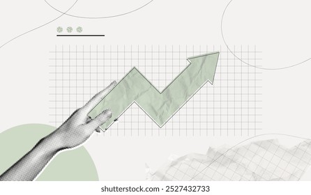 Trendy Halftone Collage Business and investment growth concept. Hand holding up arrow. Interest rate. Invest strategy. Successful development. Contemporary vector illustration art