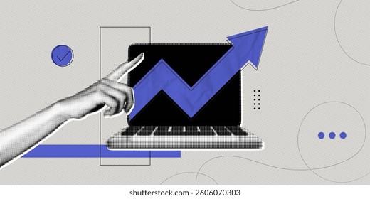 Trendy Halftone Collage Business and investment growth concept. Hand holding up arrow. Interest rate. Computer laptop with invest strategy. Successful development. Contemporary vector illustration art