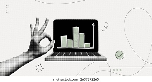 Trendy Halftone Collage Business and investment growth concept. Computer laptop with market statistics chart. Finance business data graph. Trending upwards. Contemporary vector illustration art