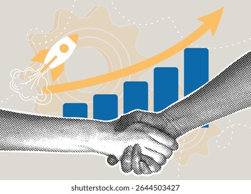 Trendy halftone collage. Business partnership and growth. Concept of agreement, launch, and sales schedule, transactions. 