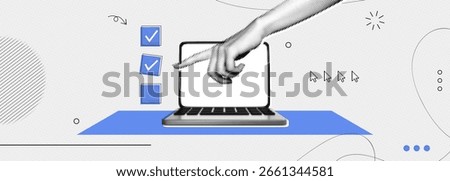 Trendy Halftone Collage business performance checklist. Computer laptop with hand and check list. Organized task processing. Project plan. Completed to do list. Contemporary vector illustration art