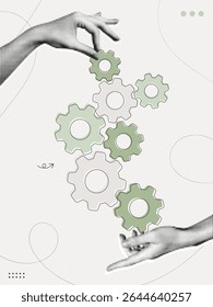 Trendy Halftone Collage Business team and teamwork concept. Hands joining cogwheel gears together. Goal achievement project. Cooperation and management concept. Contemporary vector illustration art
