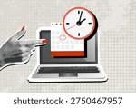 Trendy Halftone Collage Calendar and clock on laptop screen. Schedule concepts.Template for banner, poster, social media and ads. 