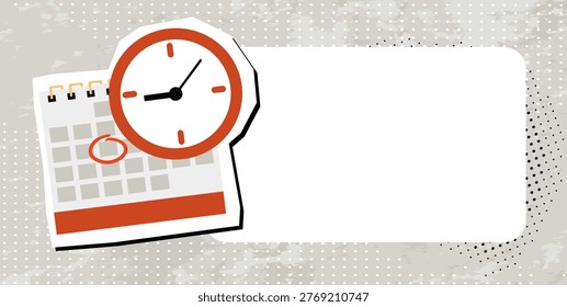 Trendy halftone collage Calendar with clock on the wall and marking one day on it, with a frame for your text. Trendy newspaper cut out paper elements. Vector illustration.