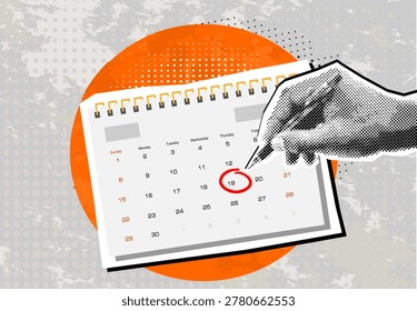 Trendy halftone collage Calendar on the wall and hand marking one day on it. Trendy newspaper cut out paper elements. Vector illustration.