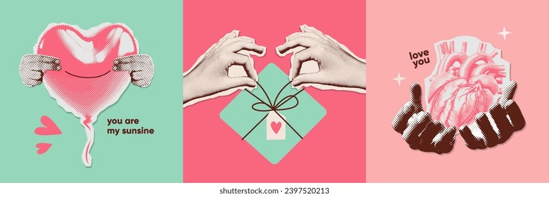 Trendy Halftone Collage cards set with halftone Female Hands. Social media covers with hands holding balloon, unboxing gift, holding human heart. Contemporary art magazine style. Vector illustration