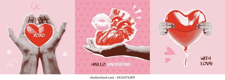 Trendy Halftone Collage cards set with halftone Hands holding different hearts. Social media covers with hands with balloon, human heart. Contemporary art magazine style. Vector illustration