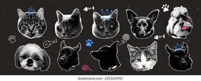 Trendy halftone collage cat and dog heads with naive doodle elements. Grunge punk collection