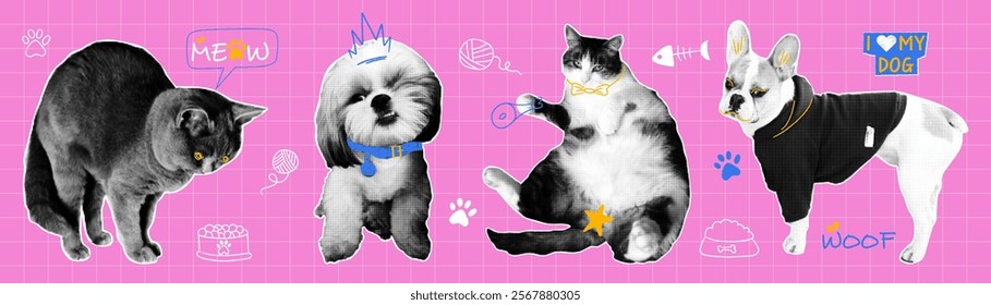 Trendy halftone collage cats and dog in different poses with doodle elements. Grunge punk collection