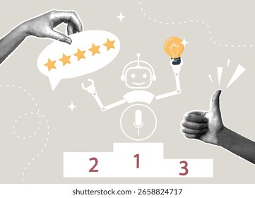 Collage de semitono de moda. Chatbot con inteligencia artificial, trabajando junto con IA. El concepto de IA ofrece soluciones, IA para reemplazar a las personas en el trabajo de oficina, innovaciones para lograr el éxito.